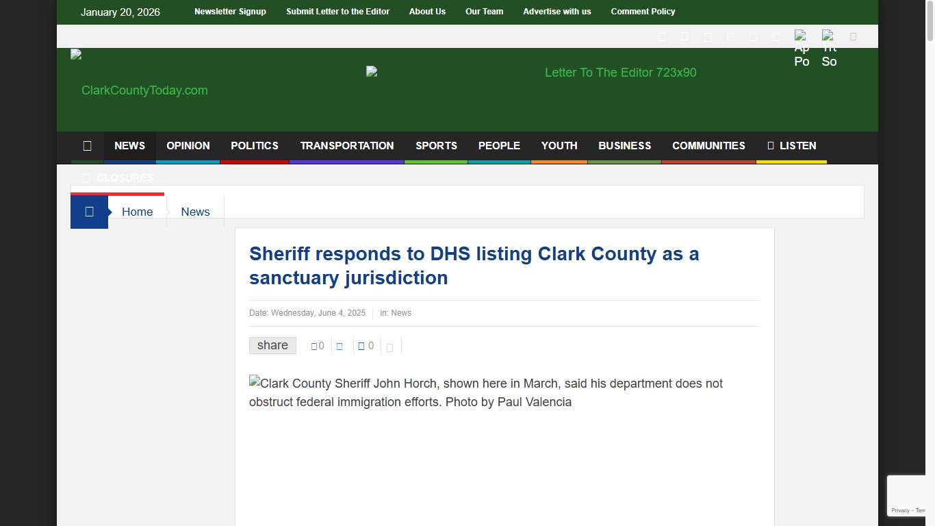 Sheriff responds to DHS listing Clark County as a sanctuary jurisdiction – ClarkCountyToday.com